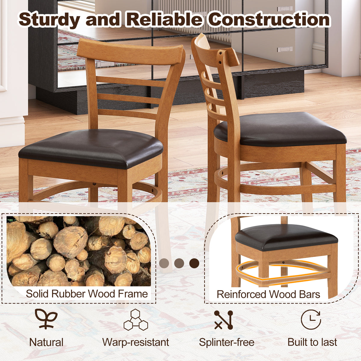 Set of 2 Wooden Dining Chair with Rubber Wood Legs for Restaurant-Brown
