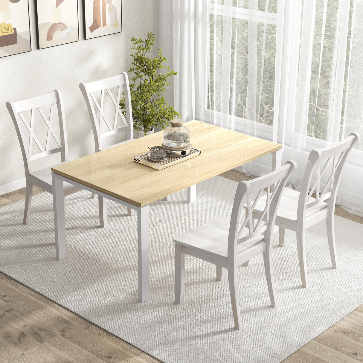 Set of 2 Wooden Dining Chairs Mid Century Farmhouse Retro Kitchen Chairs-White