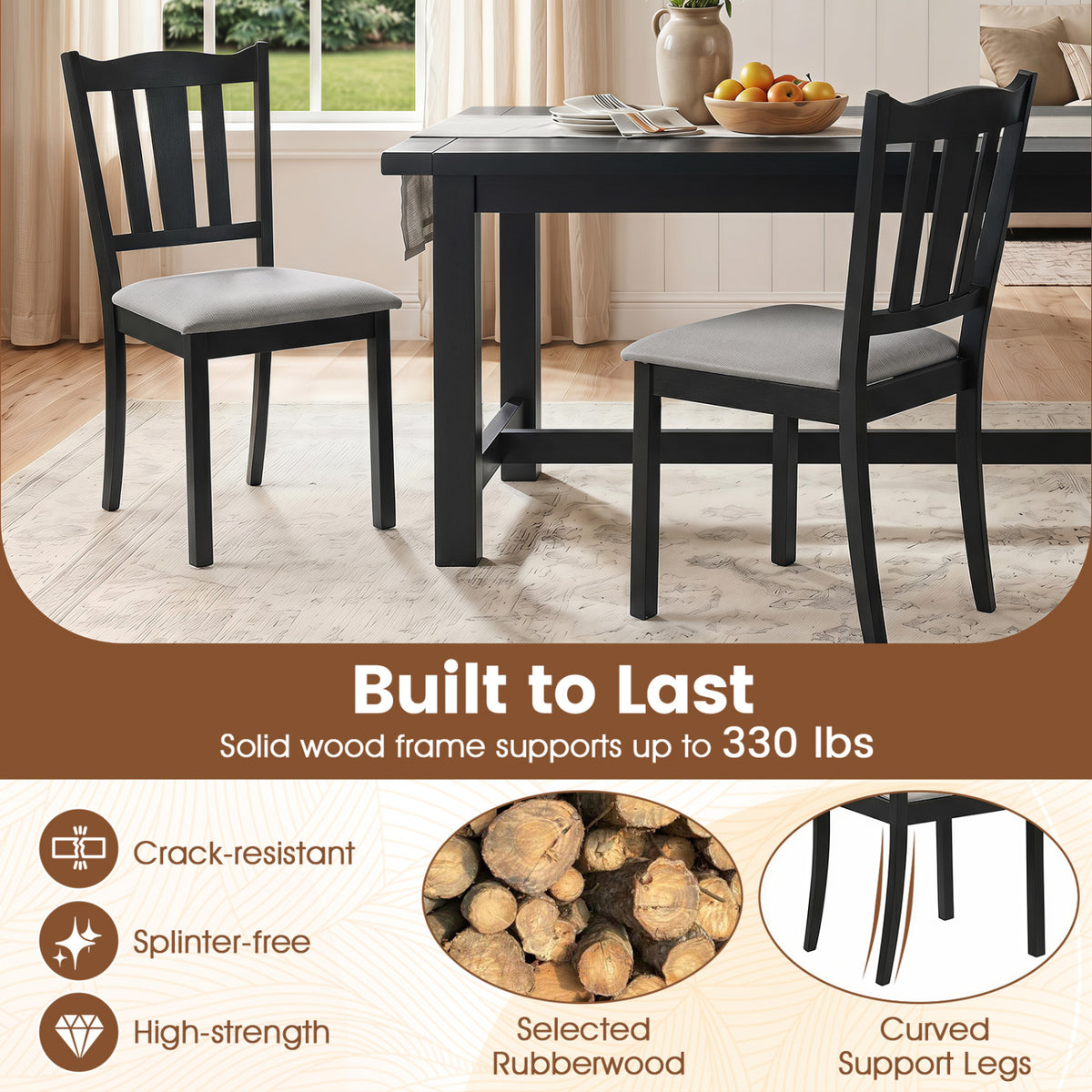 Set of 2 Wooden Dining Chair with Hollow Back and Soft-padded Cushion-Black