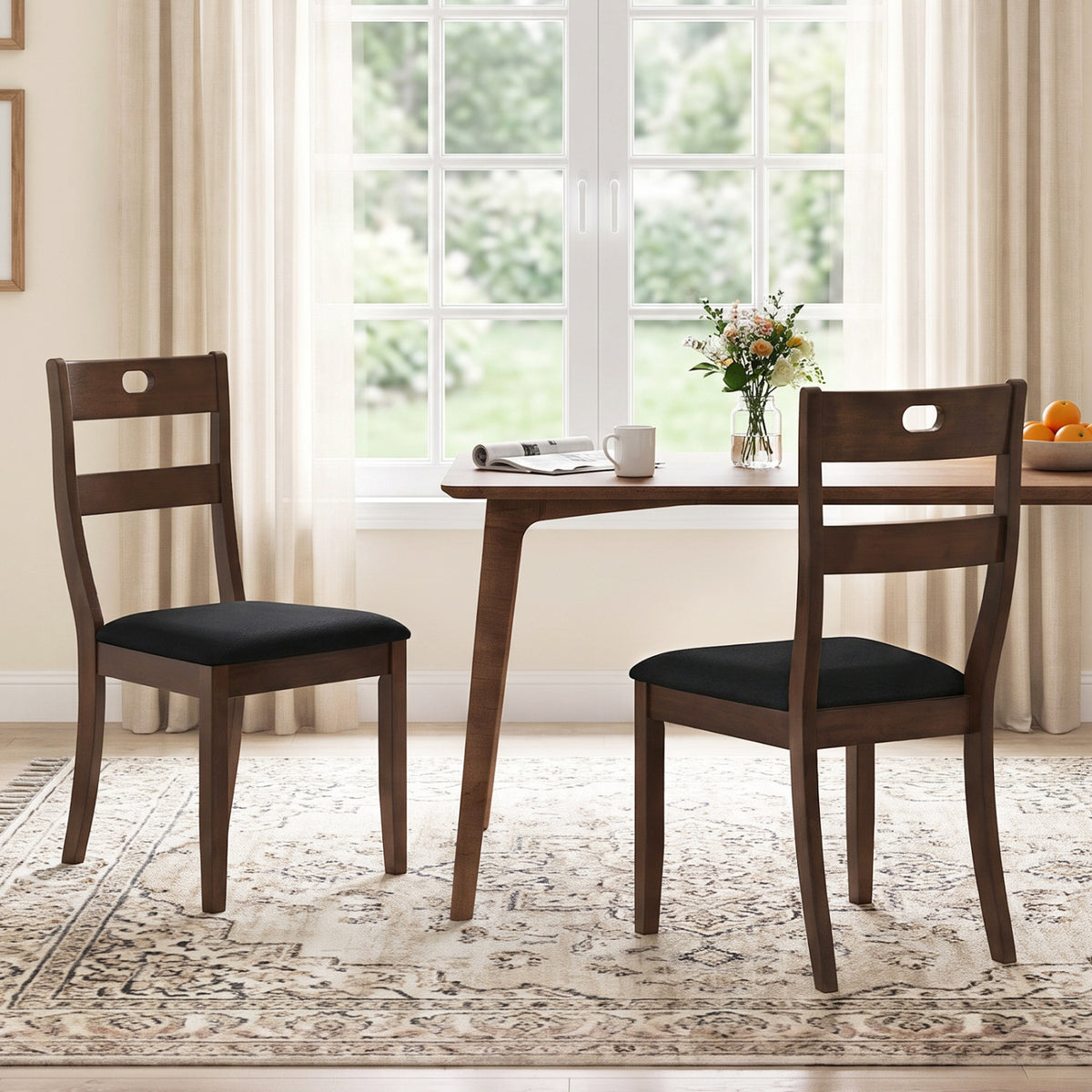 Set of 2 Wooden Dining Chairs with Padded Seats and Rubber Wood Frame-Walnut