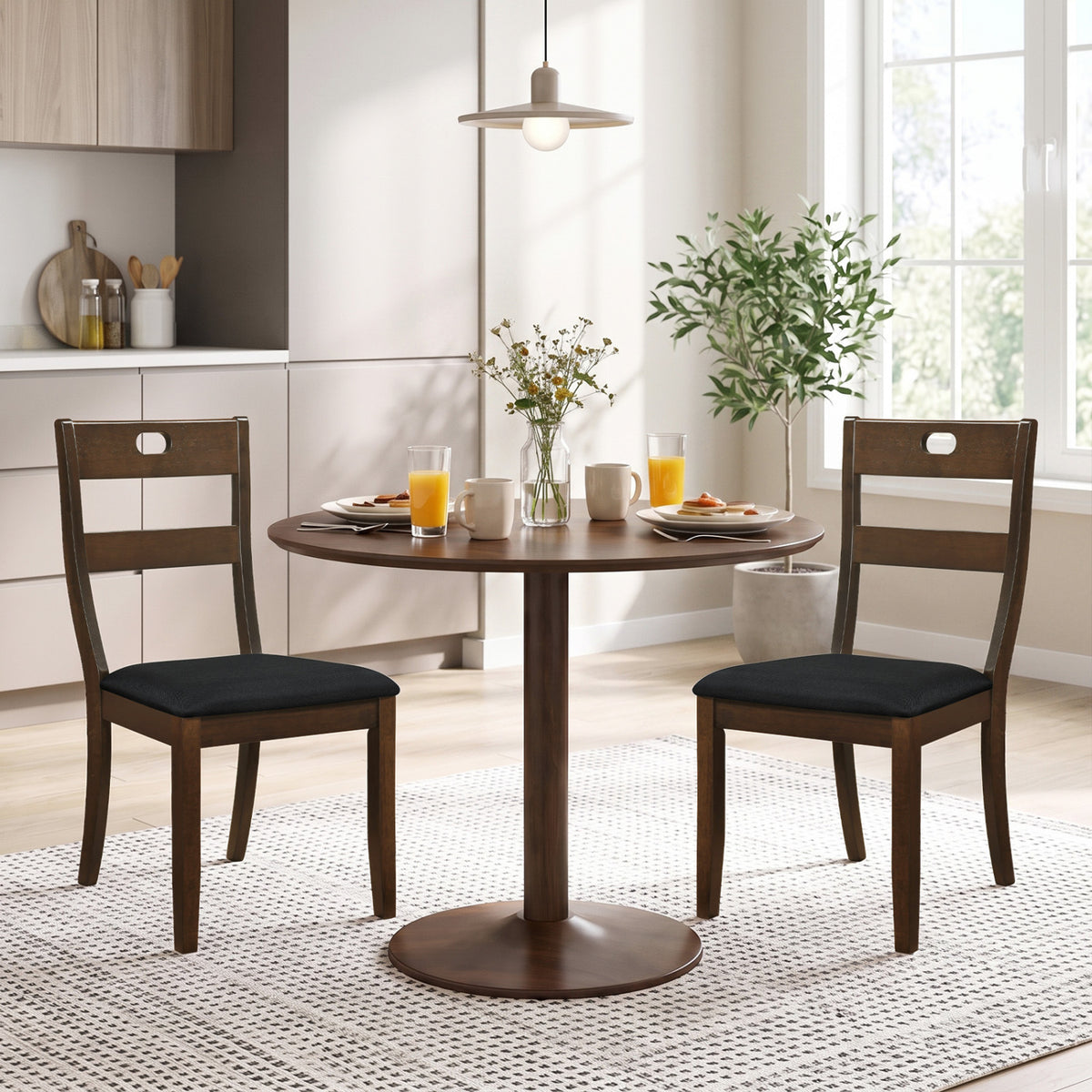 Set of 2 Wooden Dining Chairs with Padded Seats and Rubber Wood Frame-Walnut
