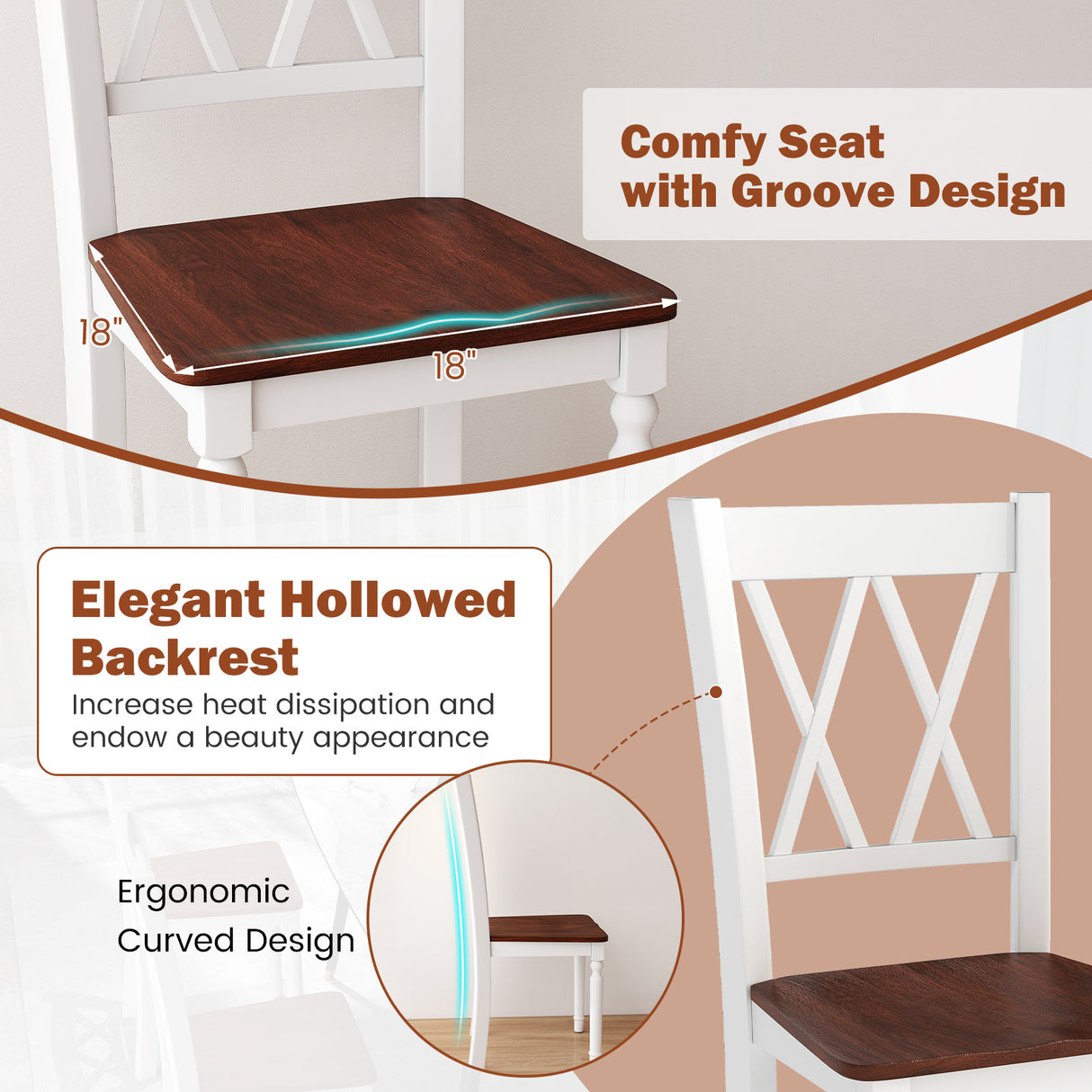 Set of 2 Wooden Farmhouse Kitchen Chairs with Rubber Wood Seat-2 Pieces