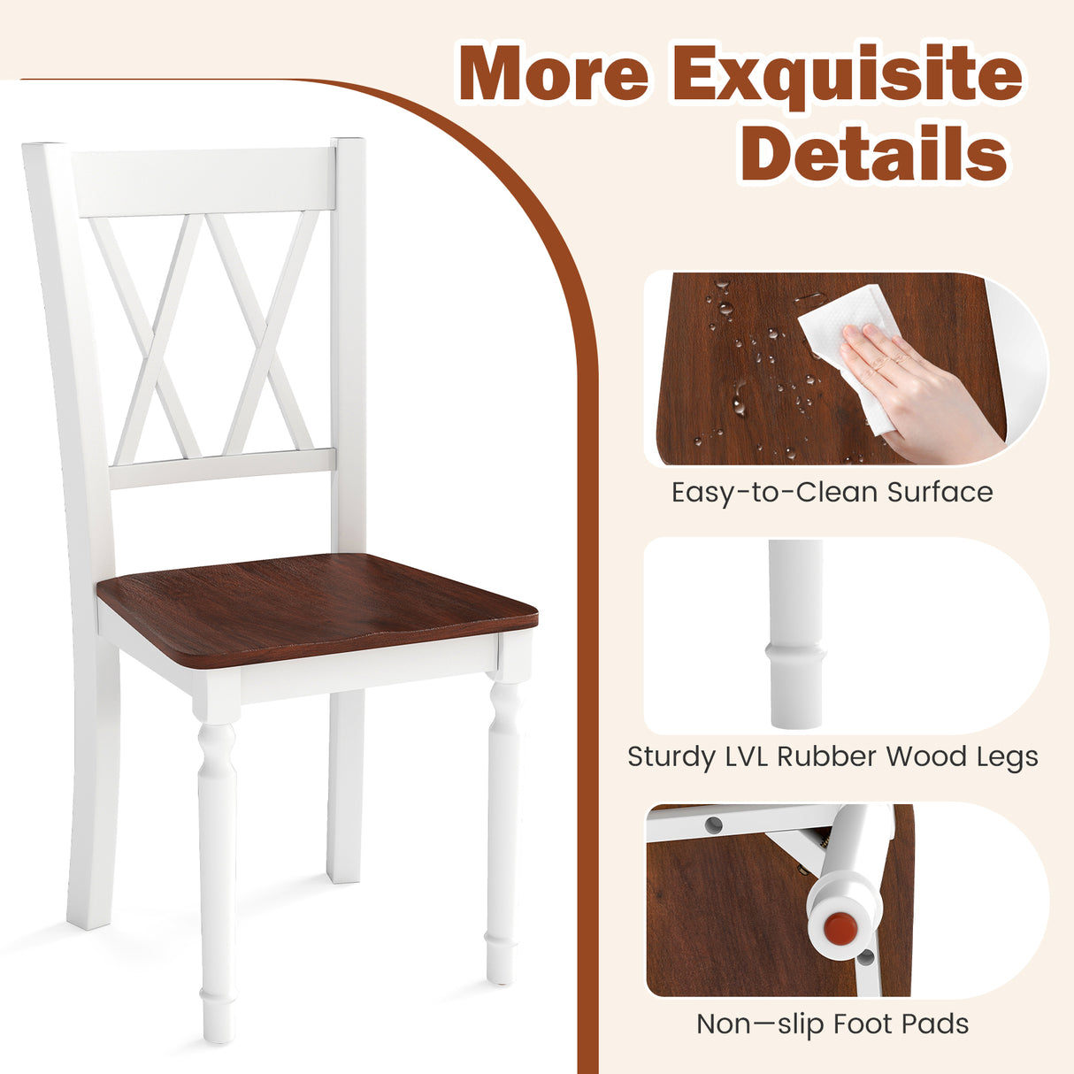 Set of 2 Wooden Farmhouse Kitchen Chairs with Rubber Wood Seat-2 Pieces