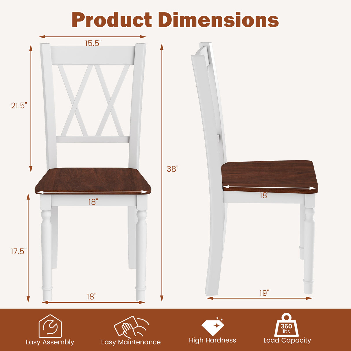 Set of 2 Wooden Farmhouse Kitchen Chairs with Rubber Wood Seat-2 Pieces