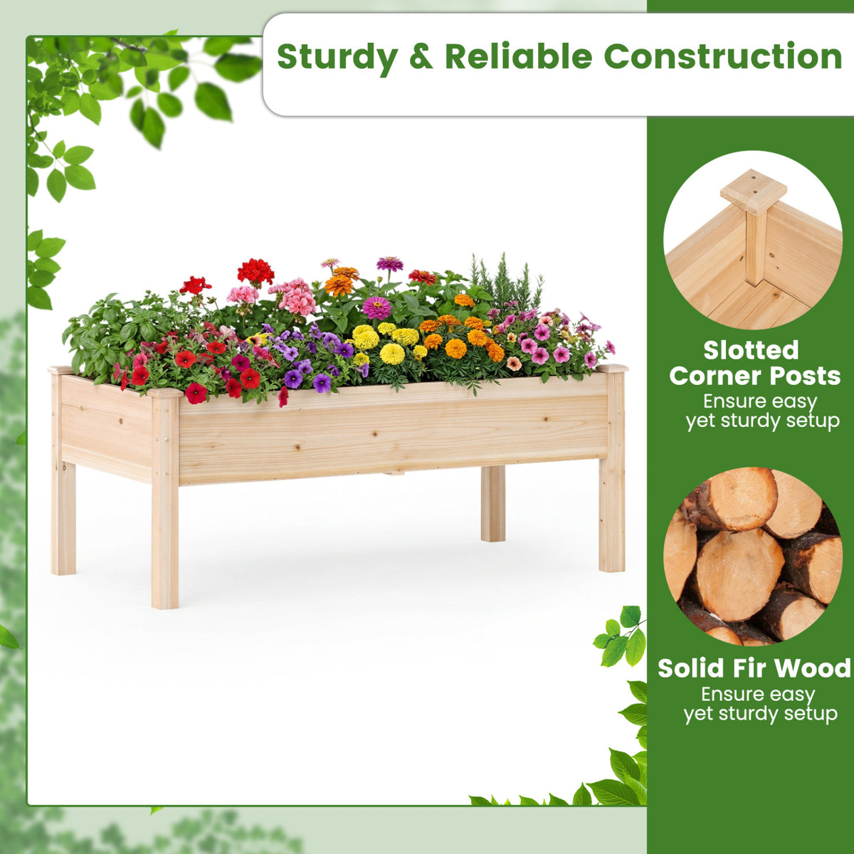 Set of 2 Wooden Raised Garden Bed with Legs Natural Fir Wood Elevated Planter Box