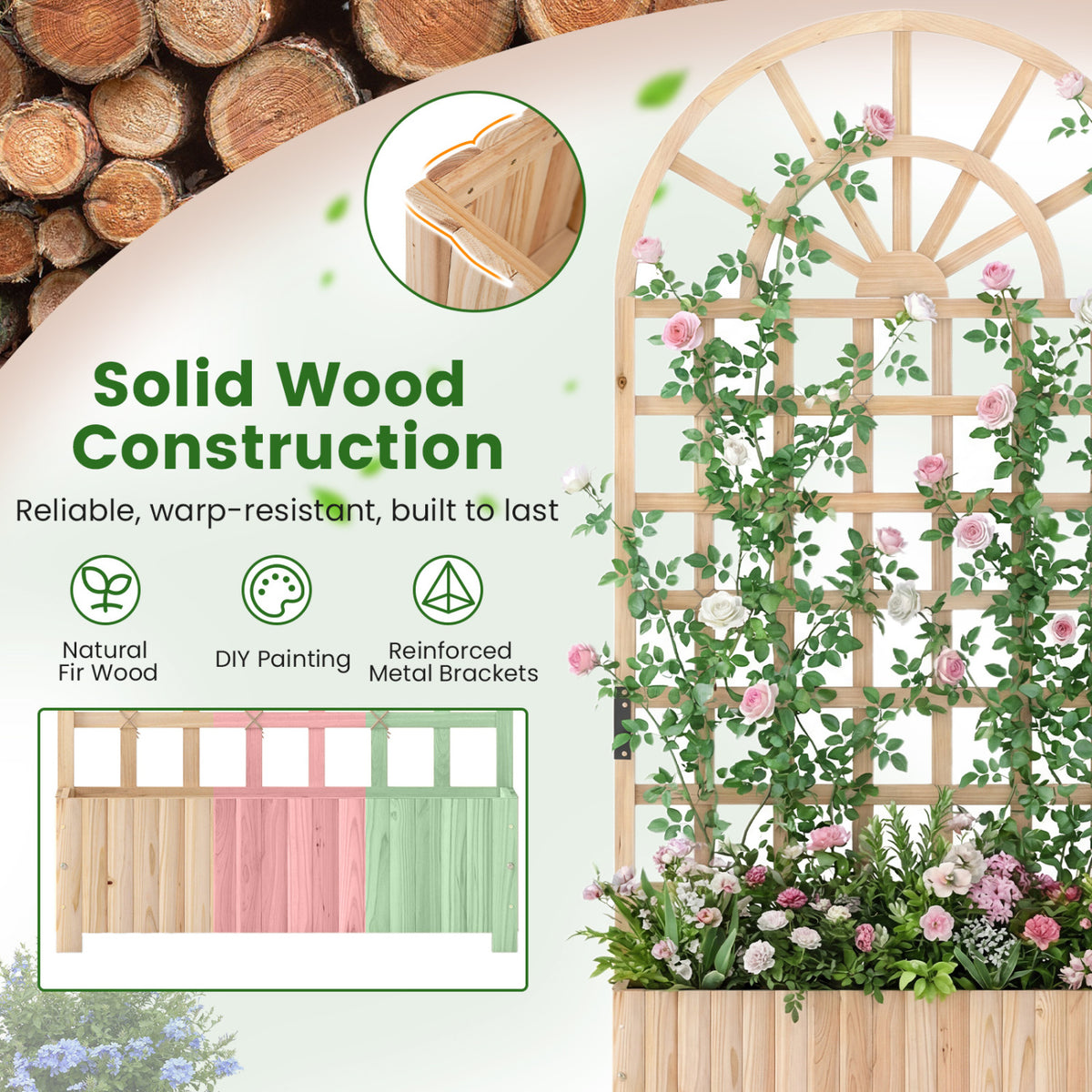 Set of 2 Wooden Raised Garden Bed with Trellis 71" Outdoor Planter Box Privacy Screen-Natural