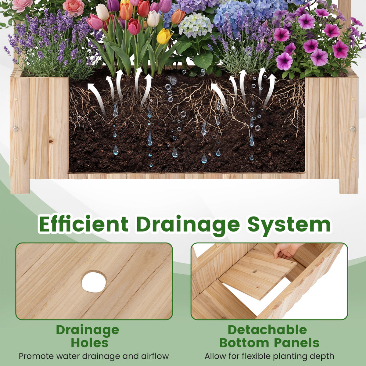 Set of 2 Wooden Raised Garden Bed with Trellis 71" Outdoor Planter Box Privacy Screen-Natural