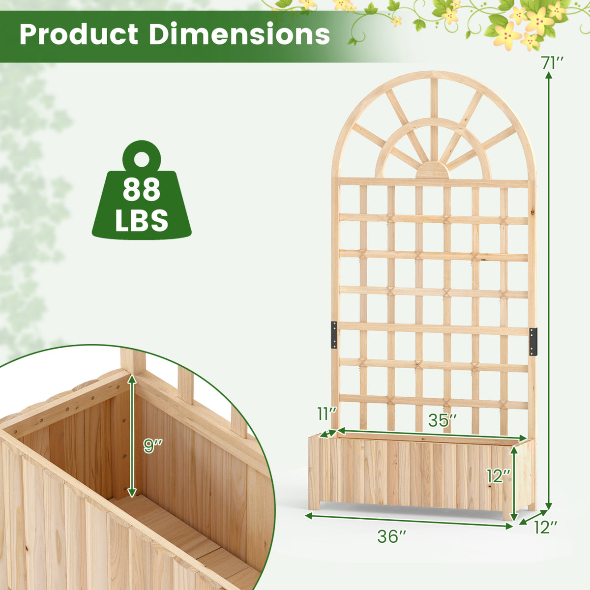 Set of 2 Wooden Raised Garden Bed with Trellis 71" Outdoor Planter Box Privacy Screen-Natural