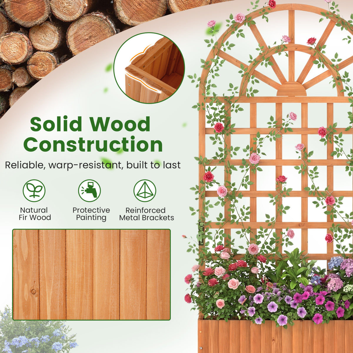 Set of 2 Wooden Raised Garden Bed with Trellis 71" Outdoor Planter Box Privacy Screen-Brown
