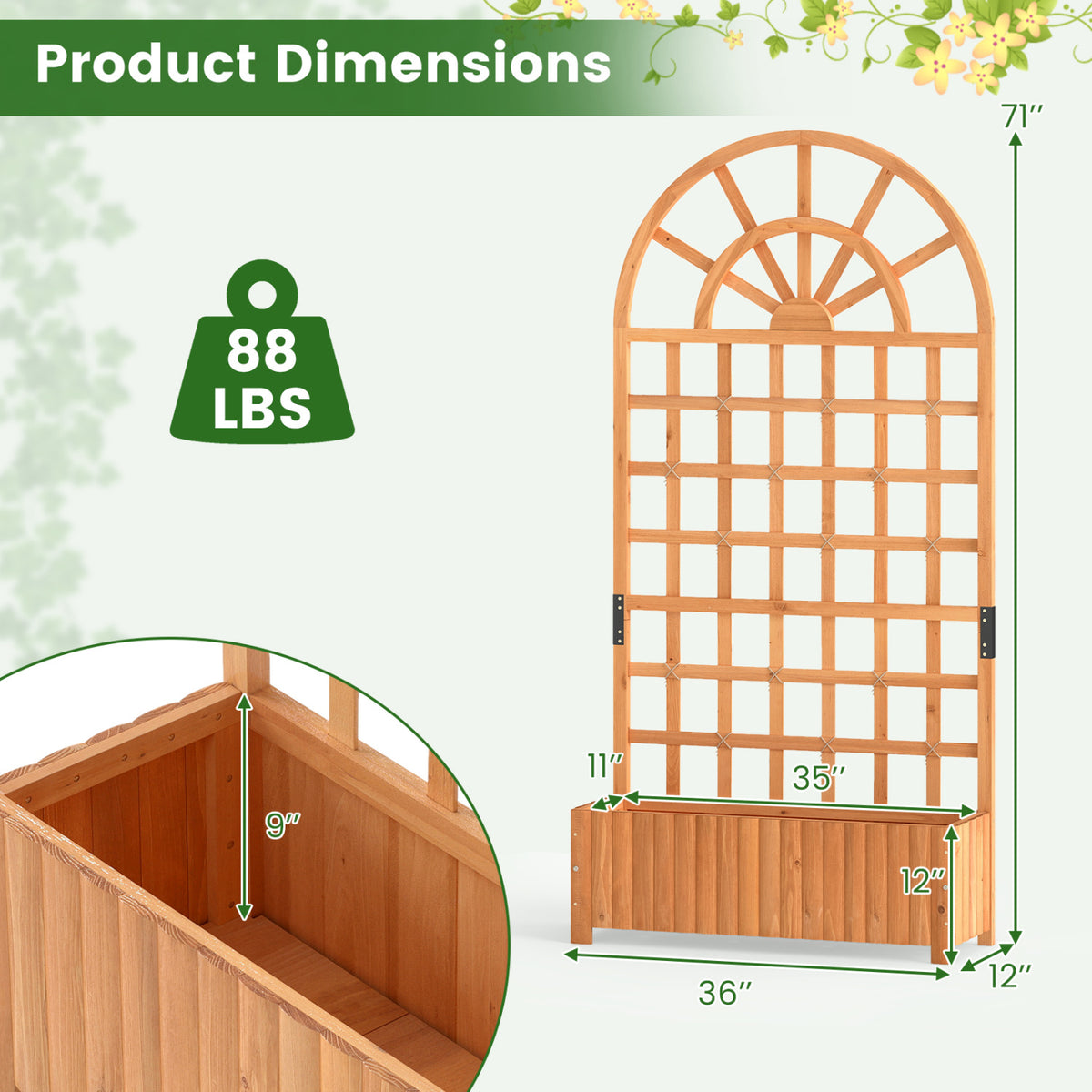 Set of 2 Wooden Raised Garden Bed with Trellis 71" Outdoor Planter Box Privacy Screen-Brown