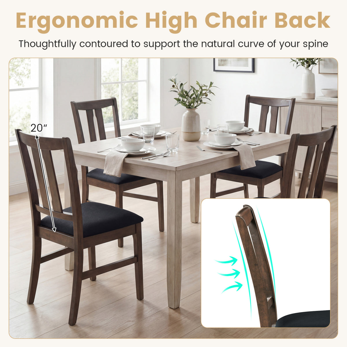 Set of 2 Wooden Upholstered Dining Chairs with High Curved Back-Walnut