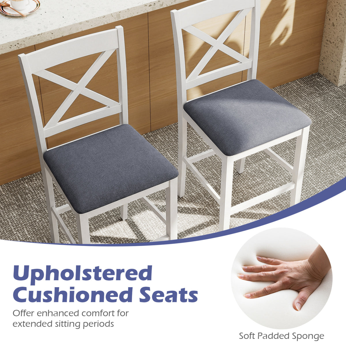 Set of 2 X-Back Bar Stools with Upholstered Cushioned Seats-White