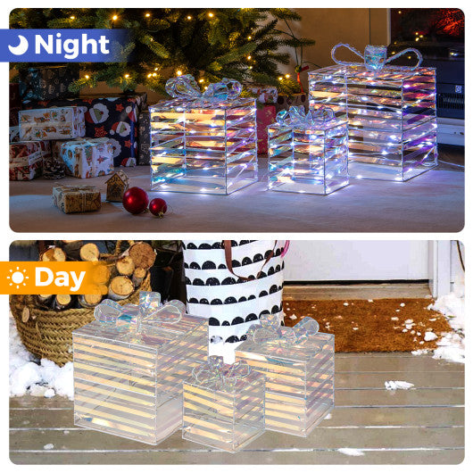 Set of 3 Christmas Lighted Gift Boxes with Bows and Plug