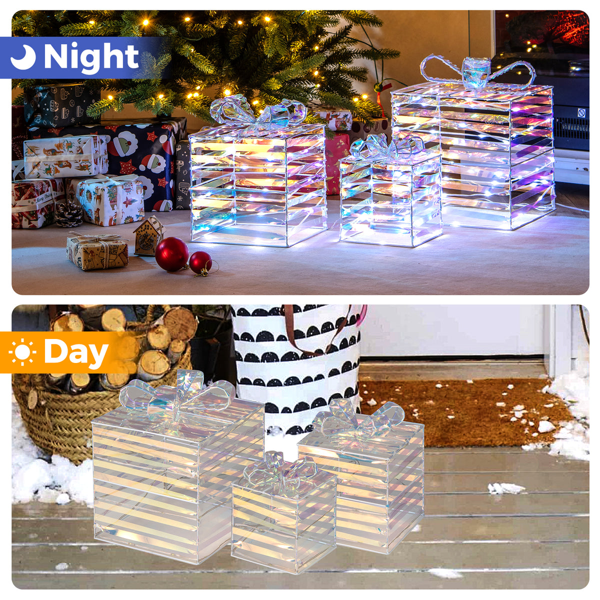 Set of 3 Christmas Lighted Gift Boxes with Bows and Plug