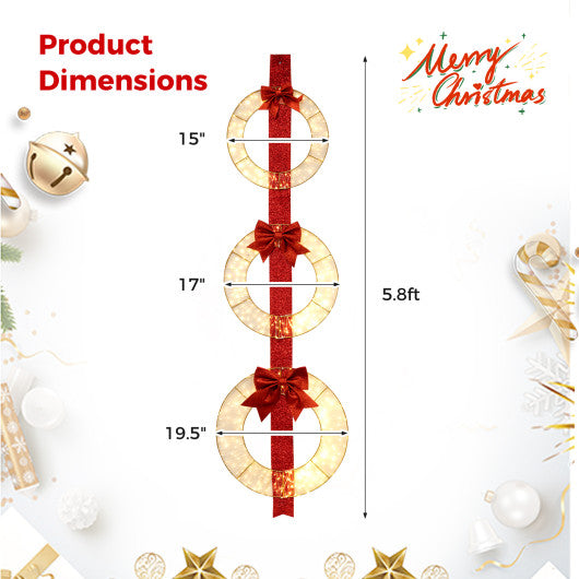 Set of 3 Christmas Lighted Wreaths with Warm White LED Lights and Bows