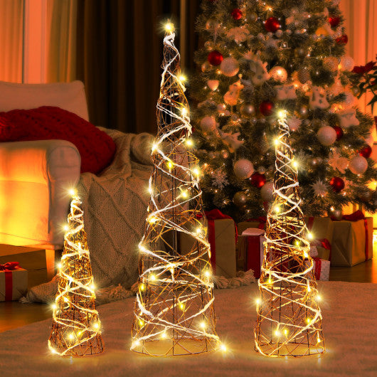 Set of 3 Lighted Rattan Cone Trees with LED Lights and Metal Frame