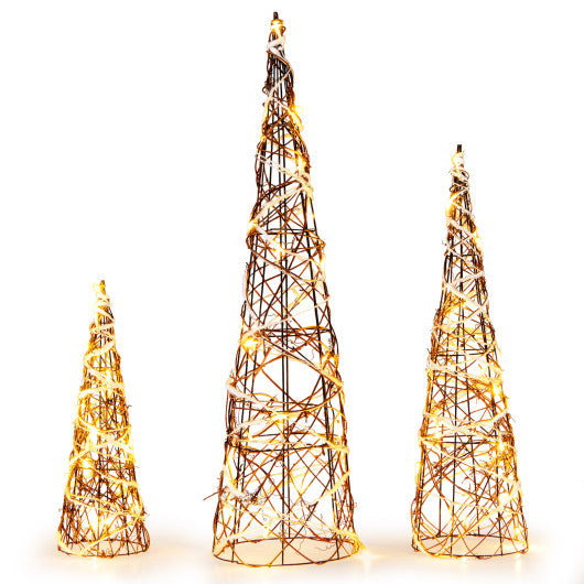 Set of 3 Lighted Rattan Cone Trees with LED Lights and Metal Frame