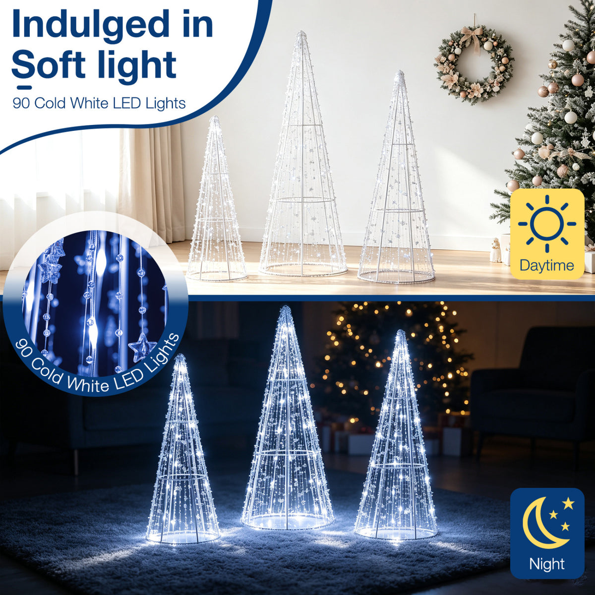 Set of 3 Pre-lit Christmas Cone Trees with Star Strings for Christmas-Cold White