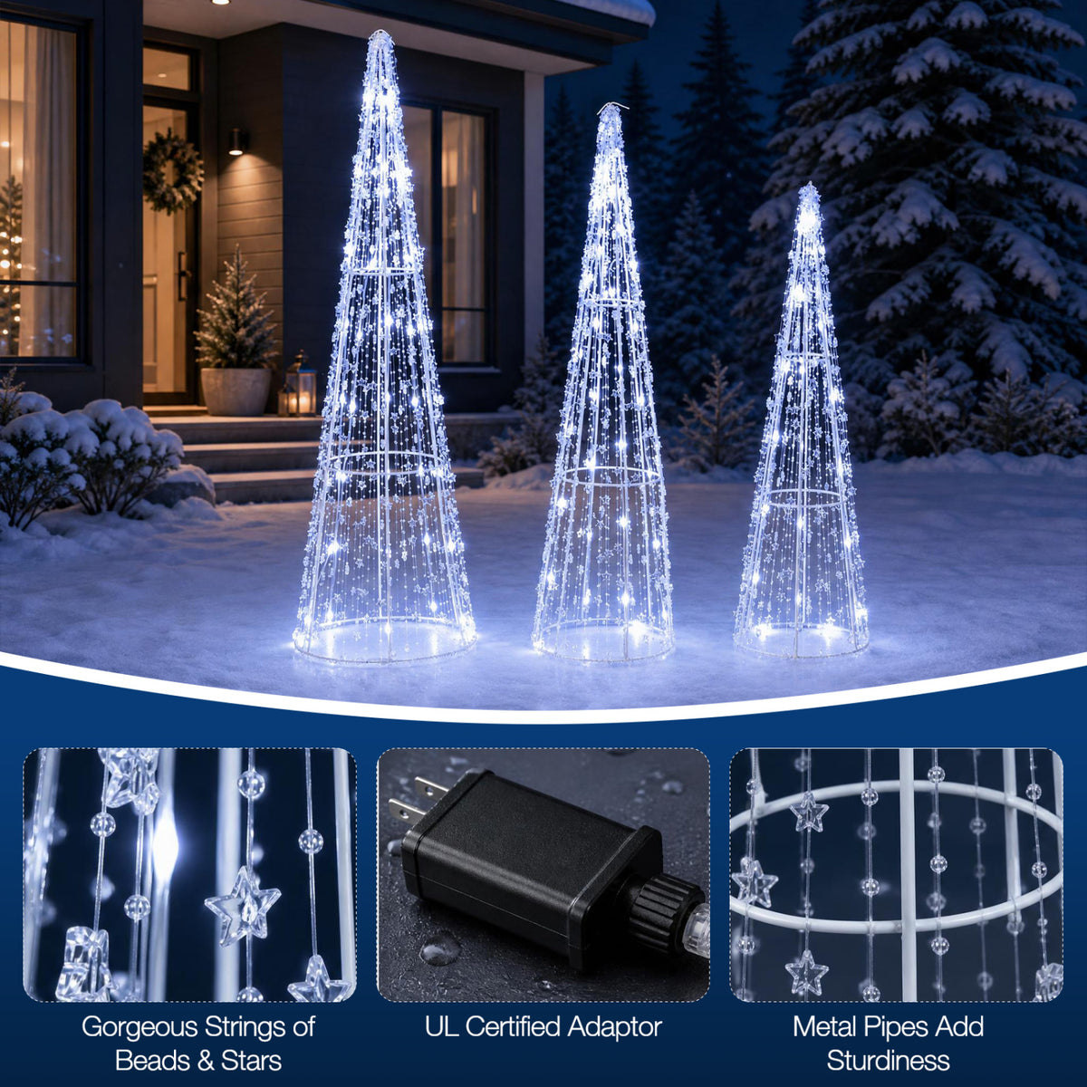 Set of 3 Pre-lit Christmas Cone Trees with Star Strings for Christmas-Cold White