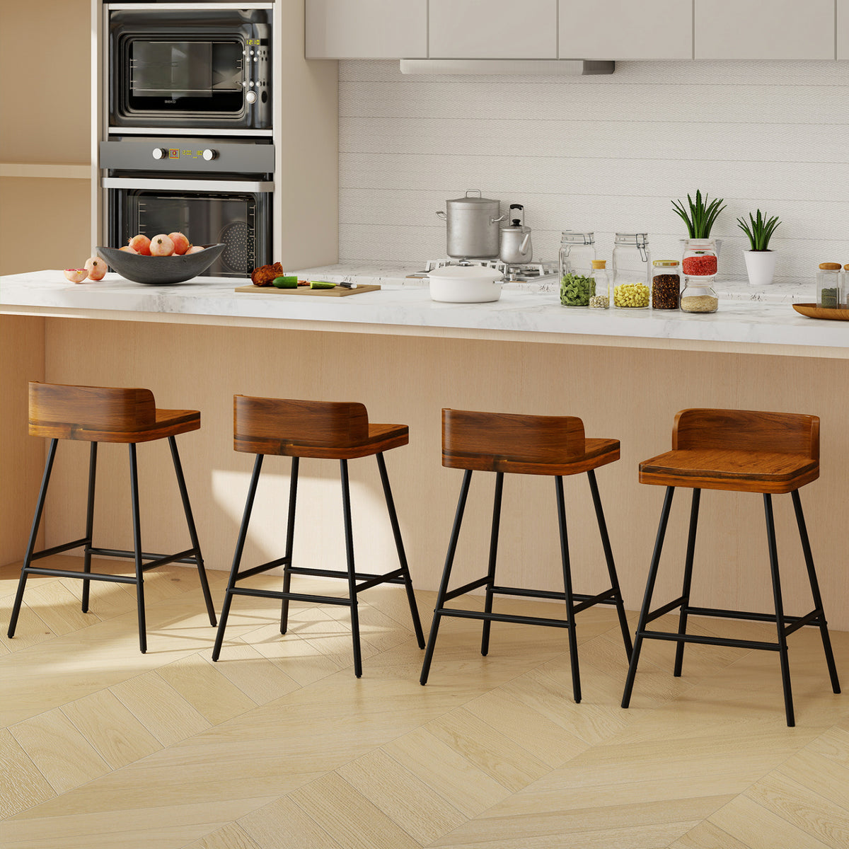 Set of 4 24" Industrial Rubber Wood Bar Stool with Low Back Metal Legs and Footrest