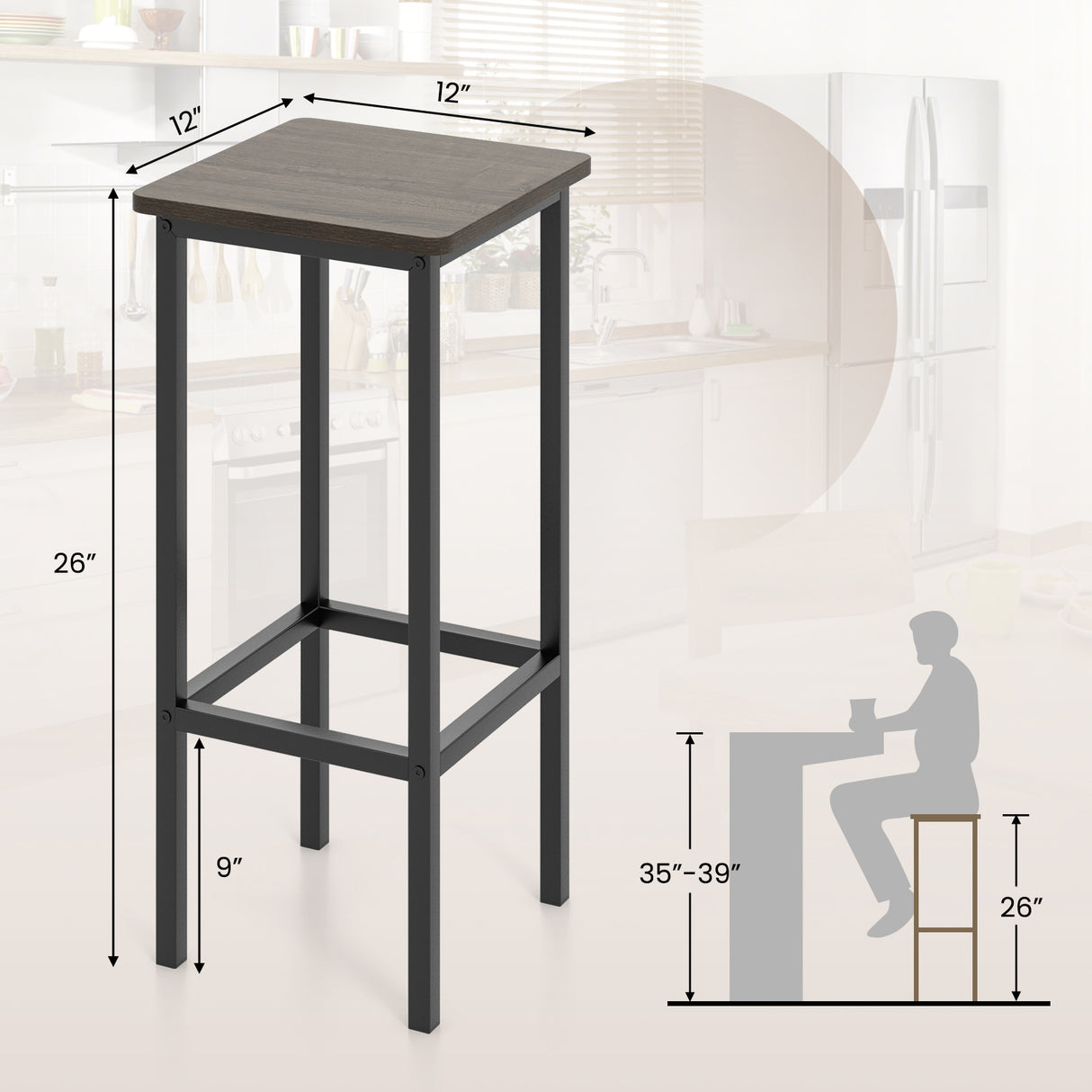 Set of 4 Bar Stool Set 26 Inch Bar Chair with Metal Legs and Footrest-Gray