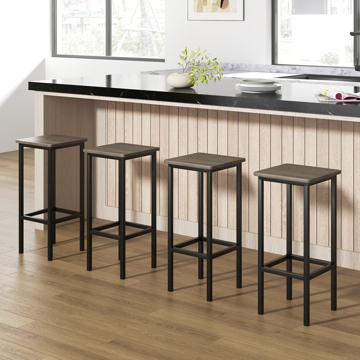 Set of 4 Bar Stool Set 26 Inch Bar Chair with Metal Legs and Footrest-Gray