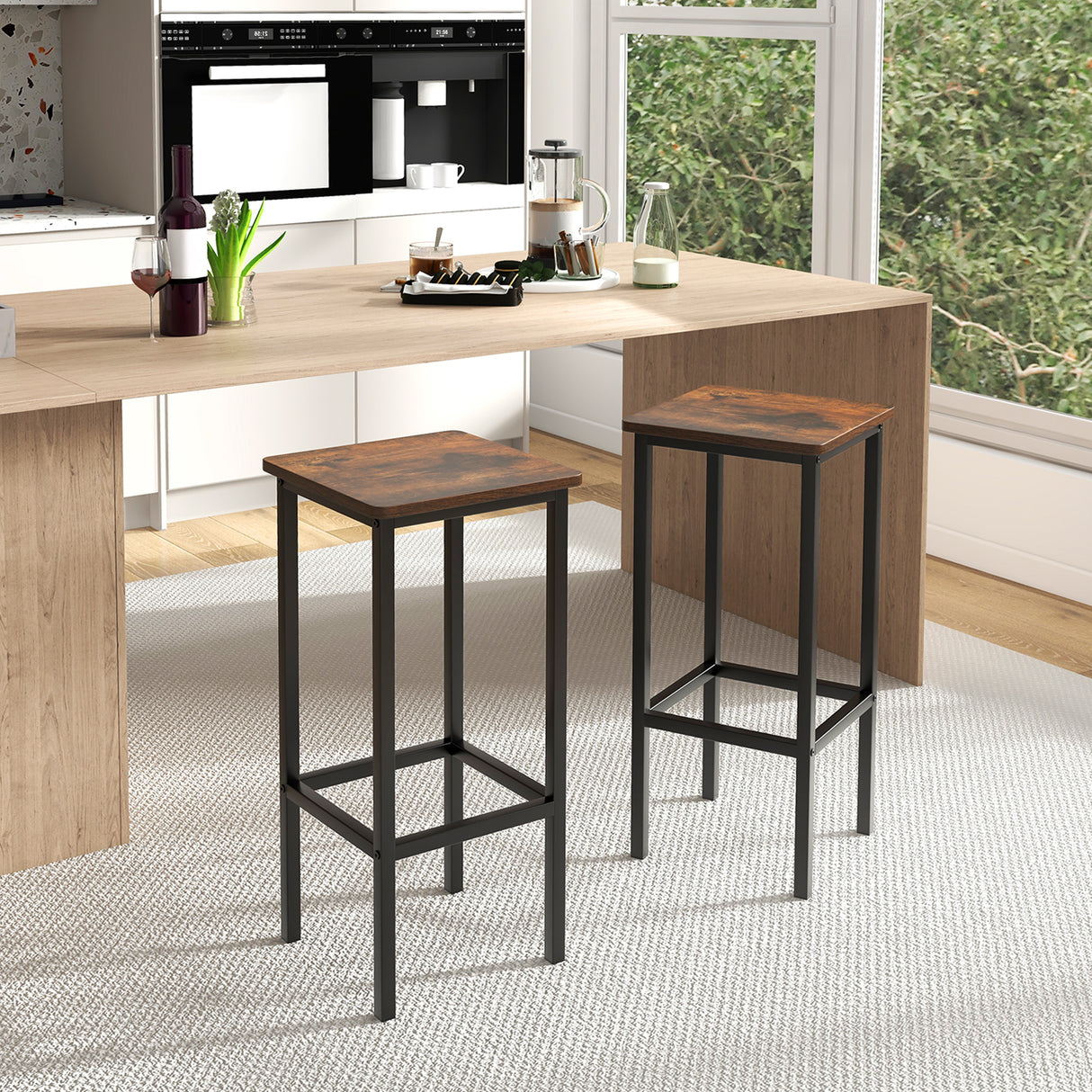 Set of 4 Bar Stool Set 26 Inch Bar Chair with Metal Legs and Footrest-Rustic Brown