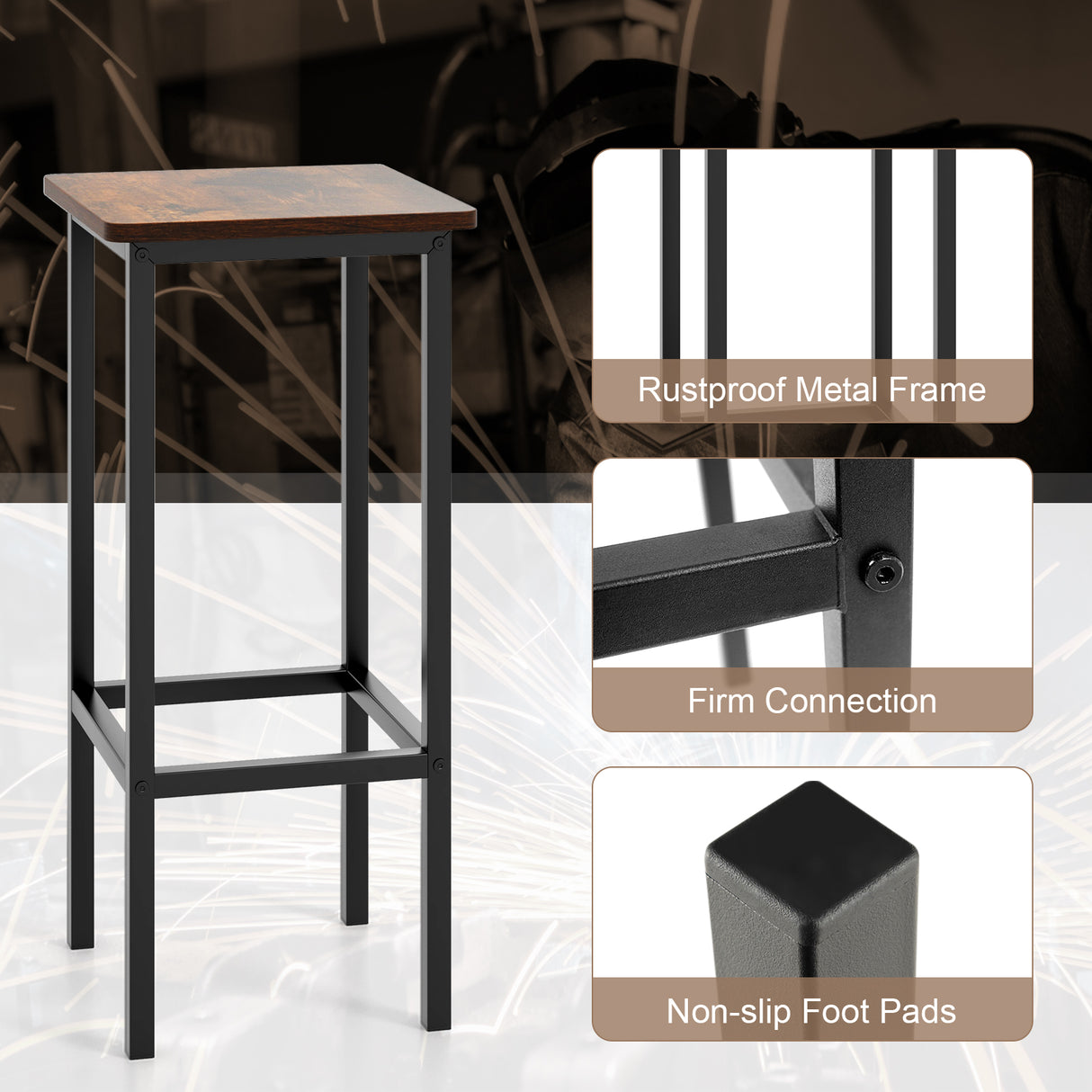 Set of 4 Bar Stool Set 26 Inch Bar Chair with Metal Legs and Footrest-Rustic Brown