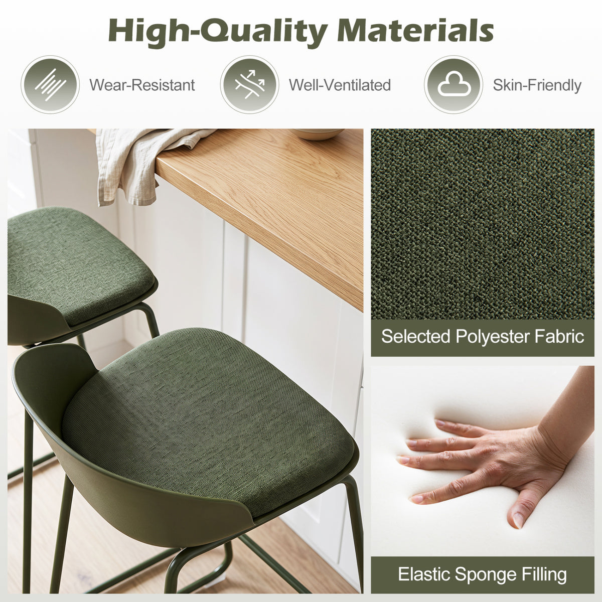Set of 4 Counter Height Bar Stools with Curved Backrest and Metal Frame for Kitchen Dining-Green