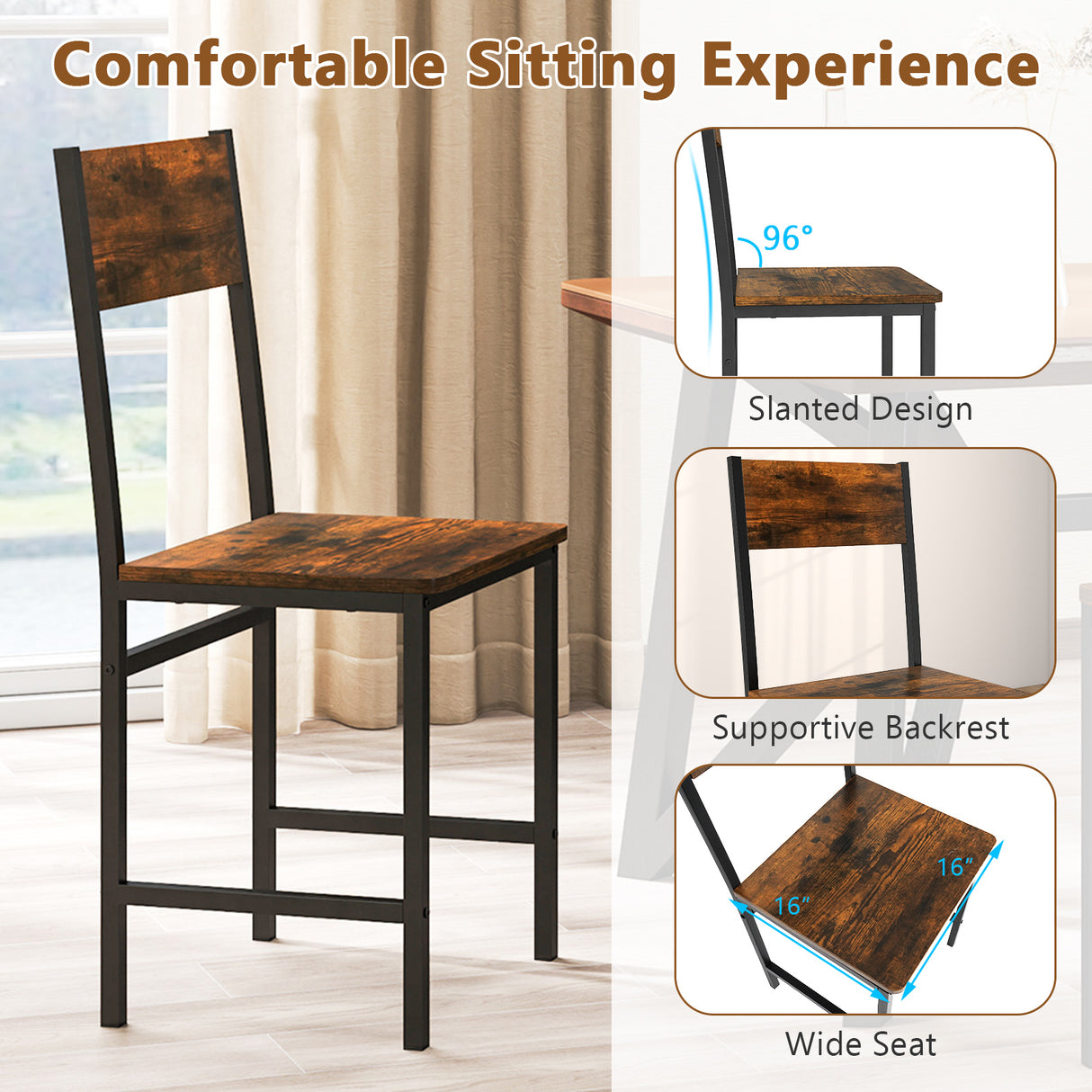 Set of 4 Dining Chairs with Metal Legs and Slanted Back-Rustic Brown