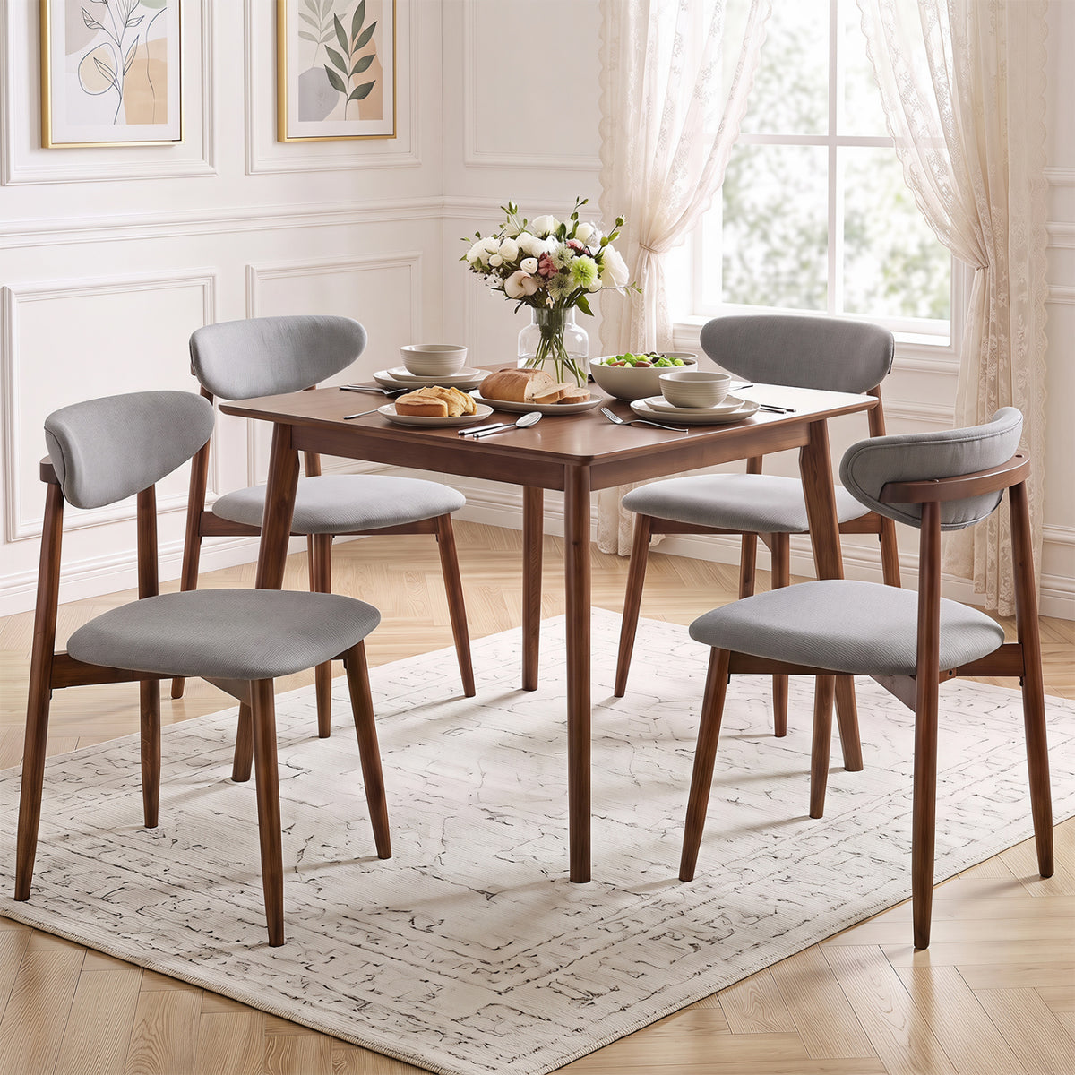 Set of 4 Fabric Upholstered Dining Chairs with Curved Backs-Gray