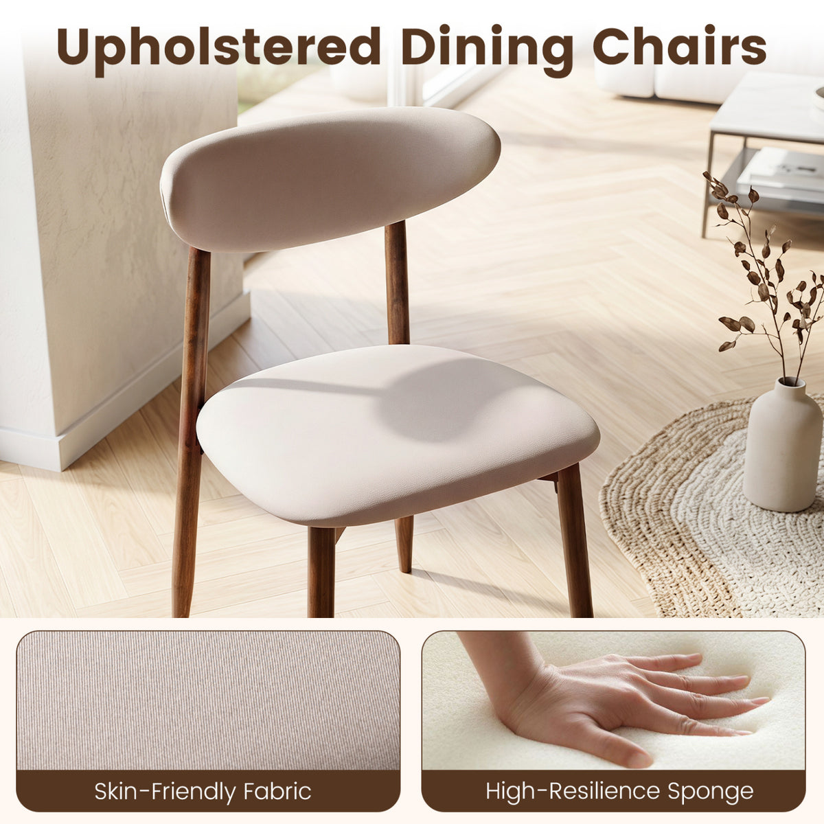Set of 4 Fabric Upholstered Dining Chairs with Curved Backs-Beige