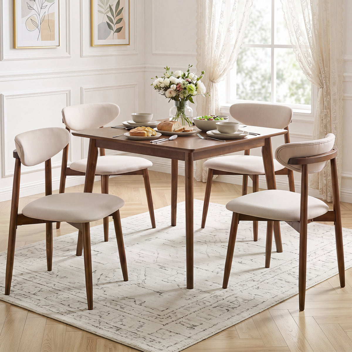 Set of 4 Fabric Upholstered Dining Chairs with Curved Backs-Beige