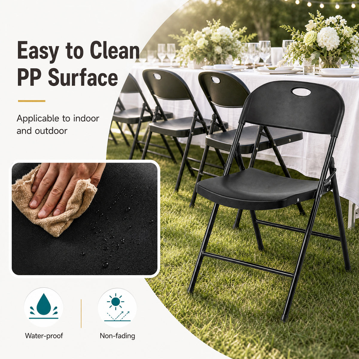 Set of 4 Foldable Plastic Chairs with Ergonomic Backrest-Black