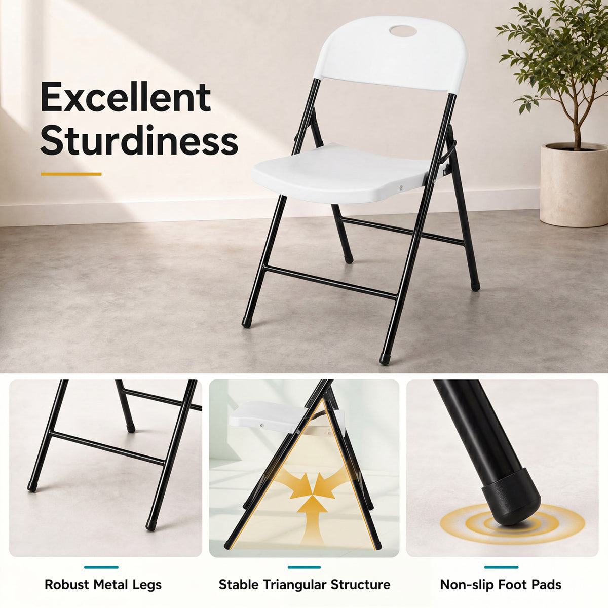 Set of 4 Foldable Plastic Chairs with Ergonomic Backrest-White