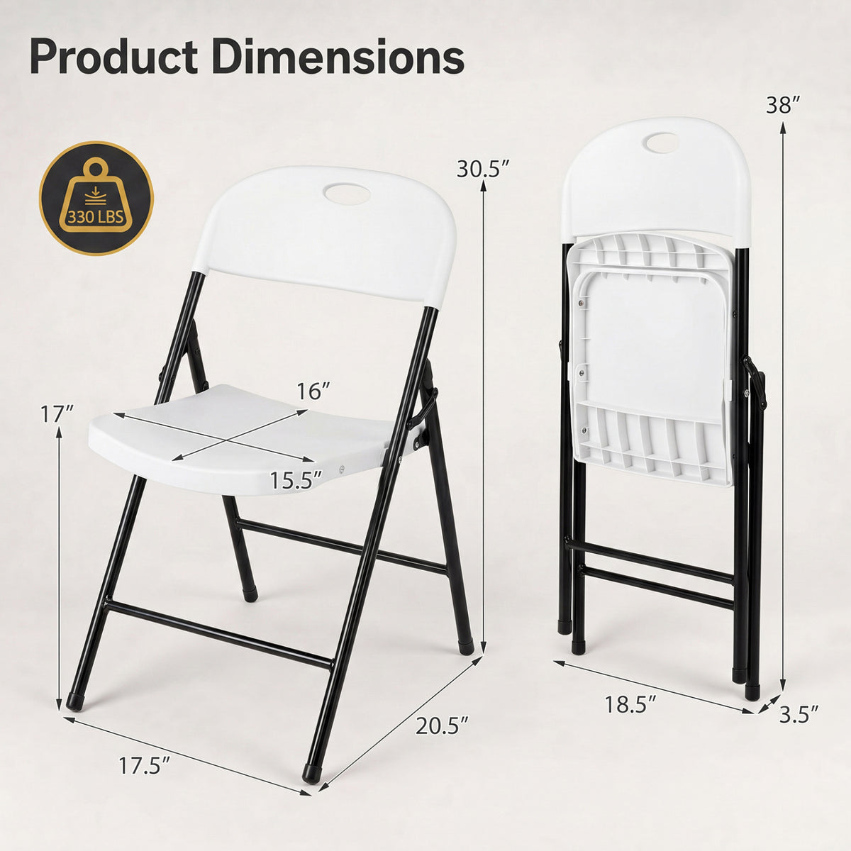 Set of 4 Foldable Plastic Chairs with Ergonomic Backrest-White