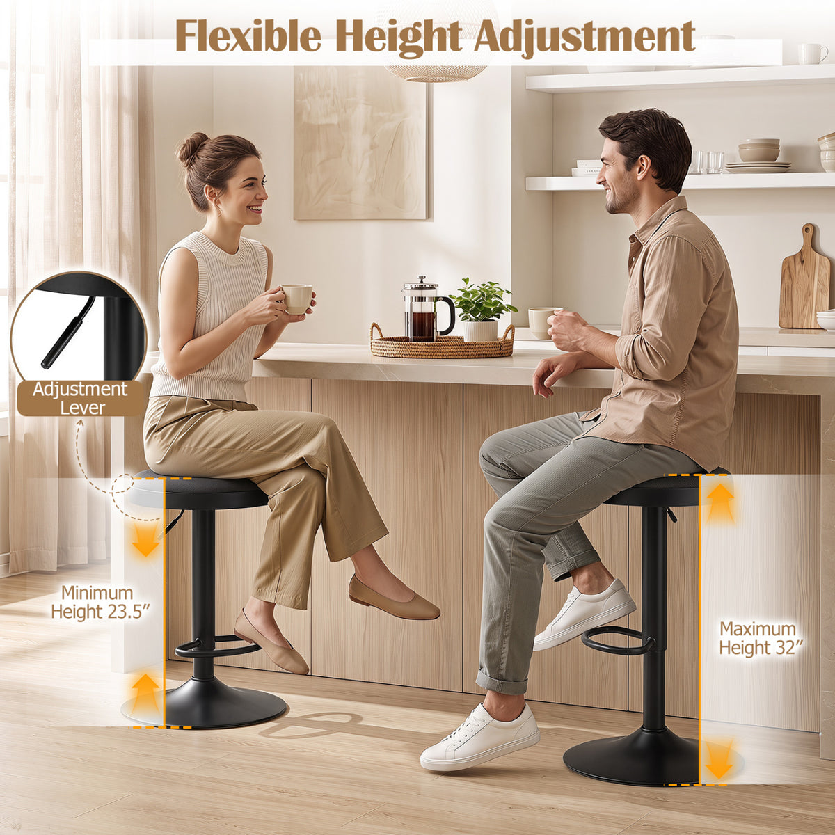 Set of 4 Kitchen Bar Stools with Height Adjustment Padded Seat and D-Shaped Footrest-Black