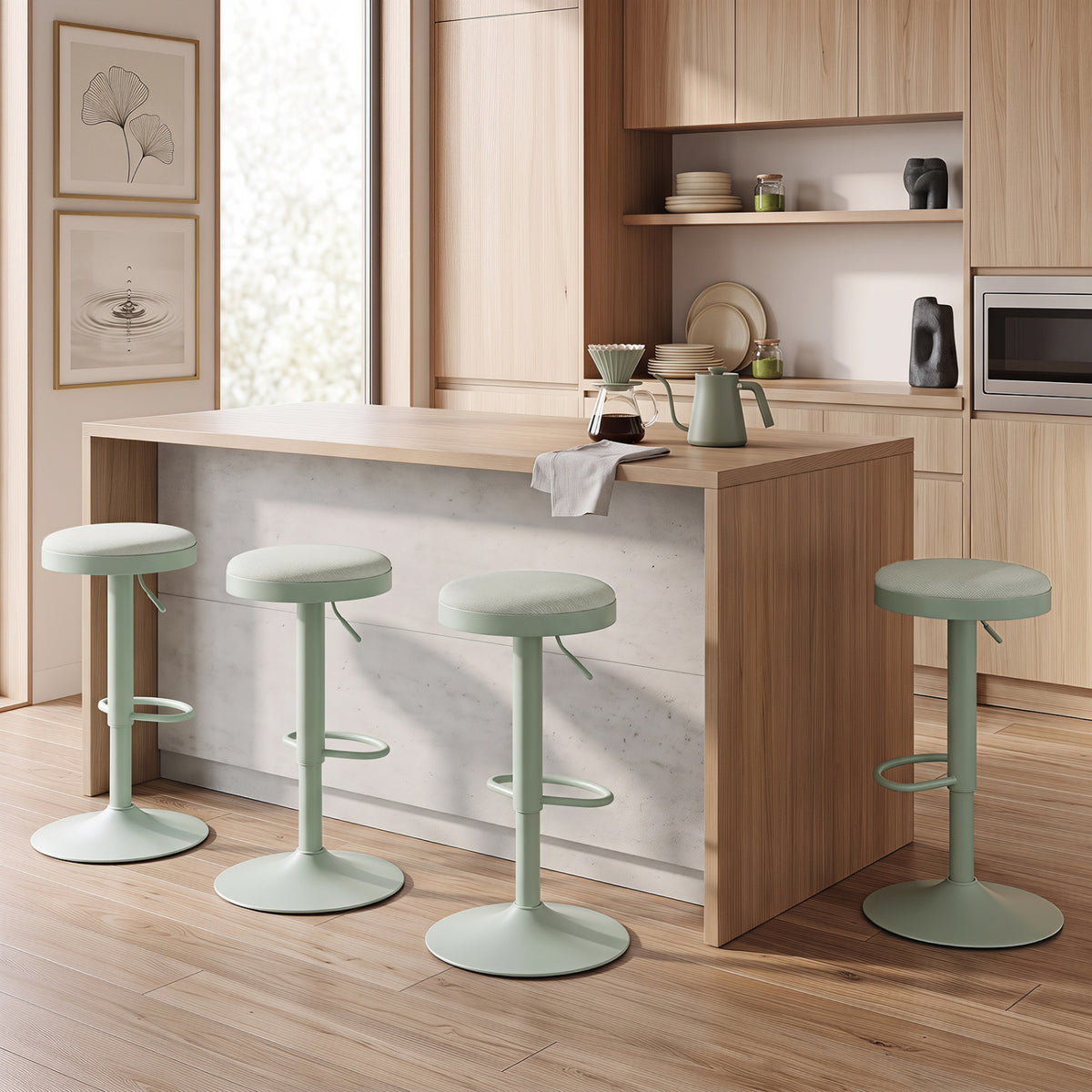 Set of 4 Kitchen Bar Stools with Height Adjustment Padded Seat and D-Shaped Footrest-Green