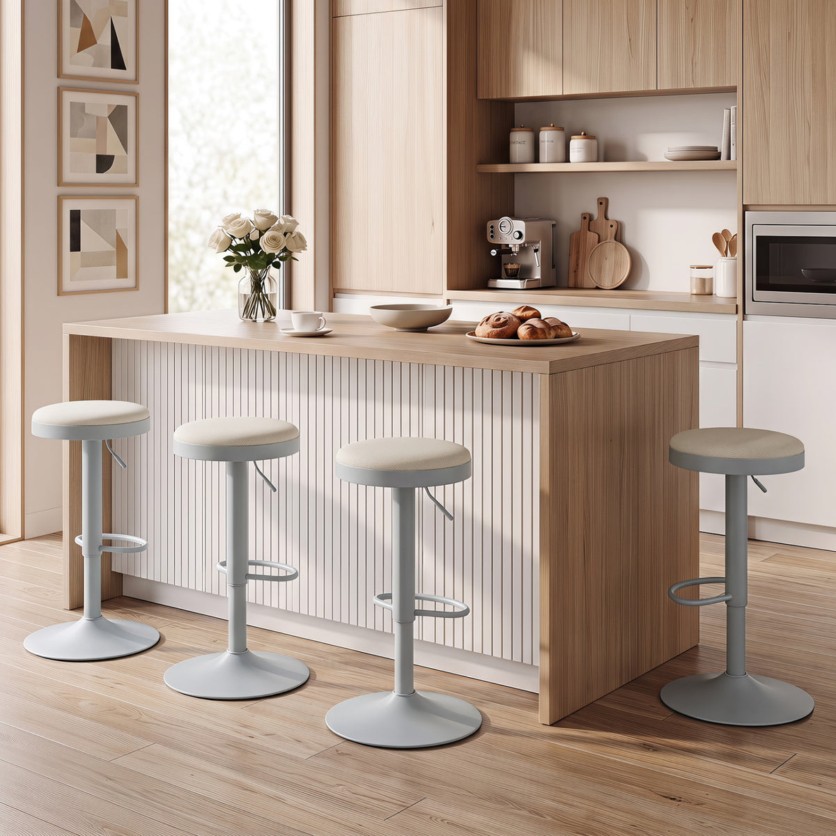Set of 4 Kitchen Bar Stools with Height Adjustment Padded Seat and D-Shaped Footrest-Gray