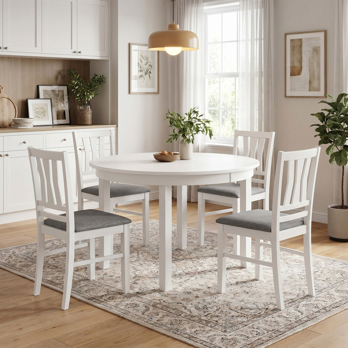 Set of 4 Linen Style Upholstered Kitchen Chairs with Wood Frames-White