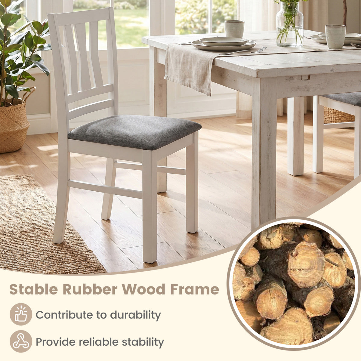 Set of 4 Linen Style Upholstered Kitchen Chairs with Wood Frames-White
