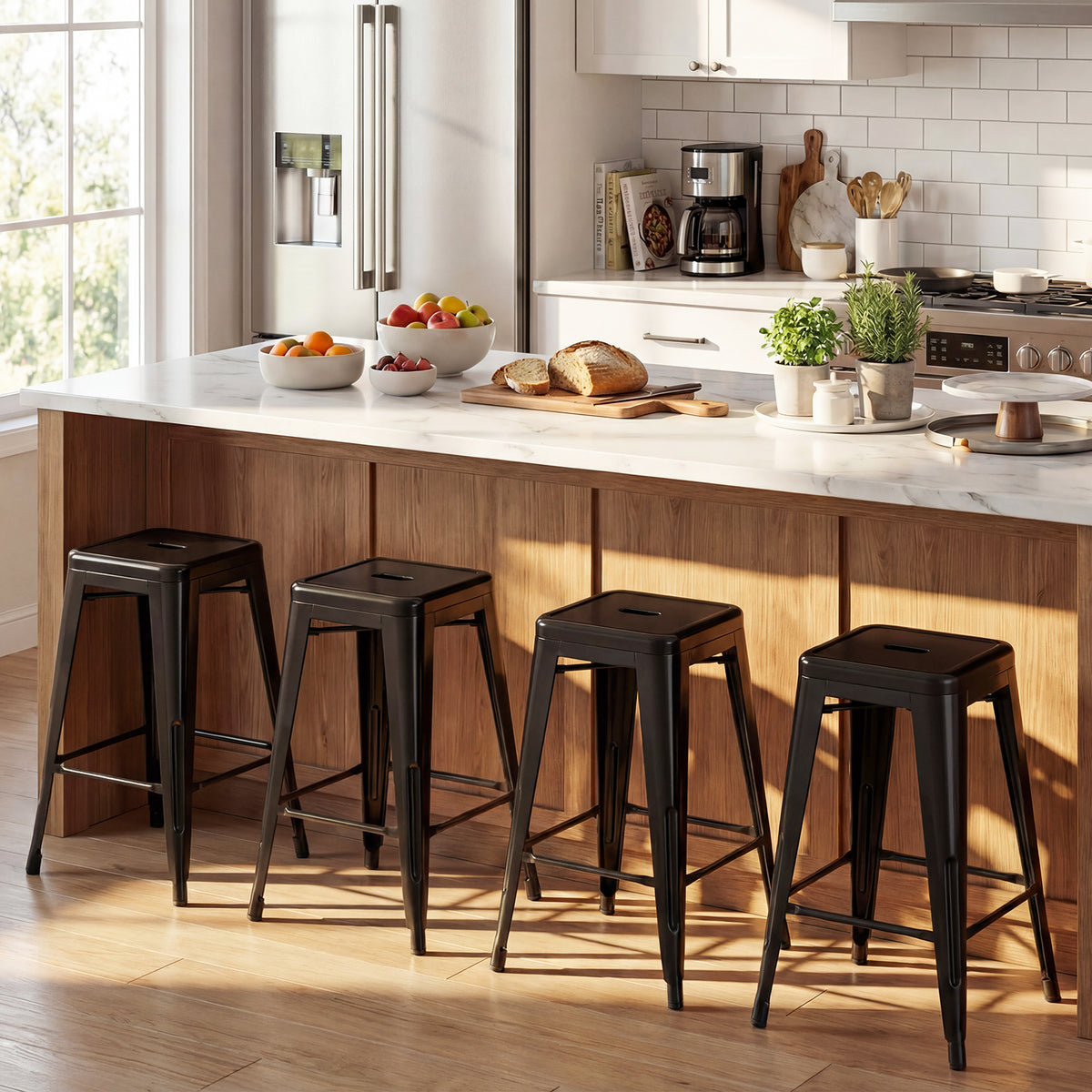 Set of 4 Metal Bar Stools with Backrests and Footrests-Black