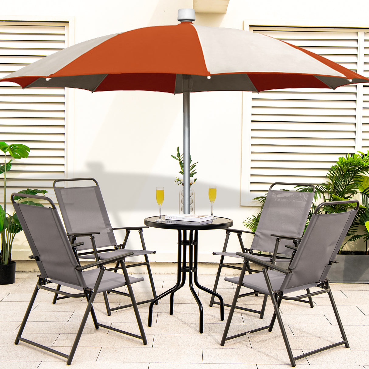 Outdoor Folding Sling Chairs Set of 4 with Armrest and Backrest-Gray