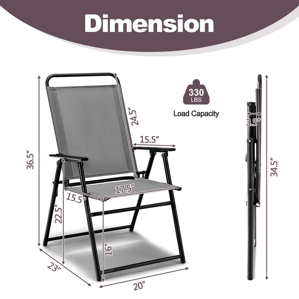 Outdoor Folding Sling Chairs Set of 4 with Armrest and Backrest-Gray