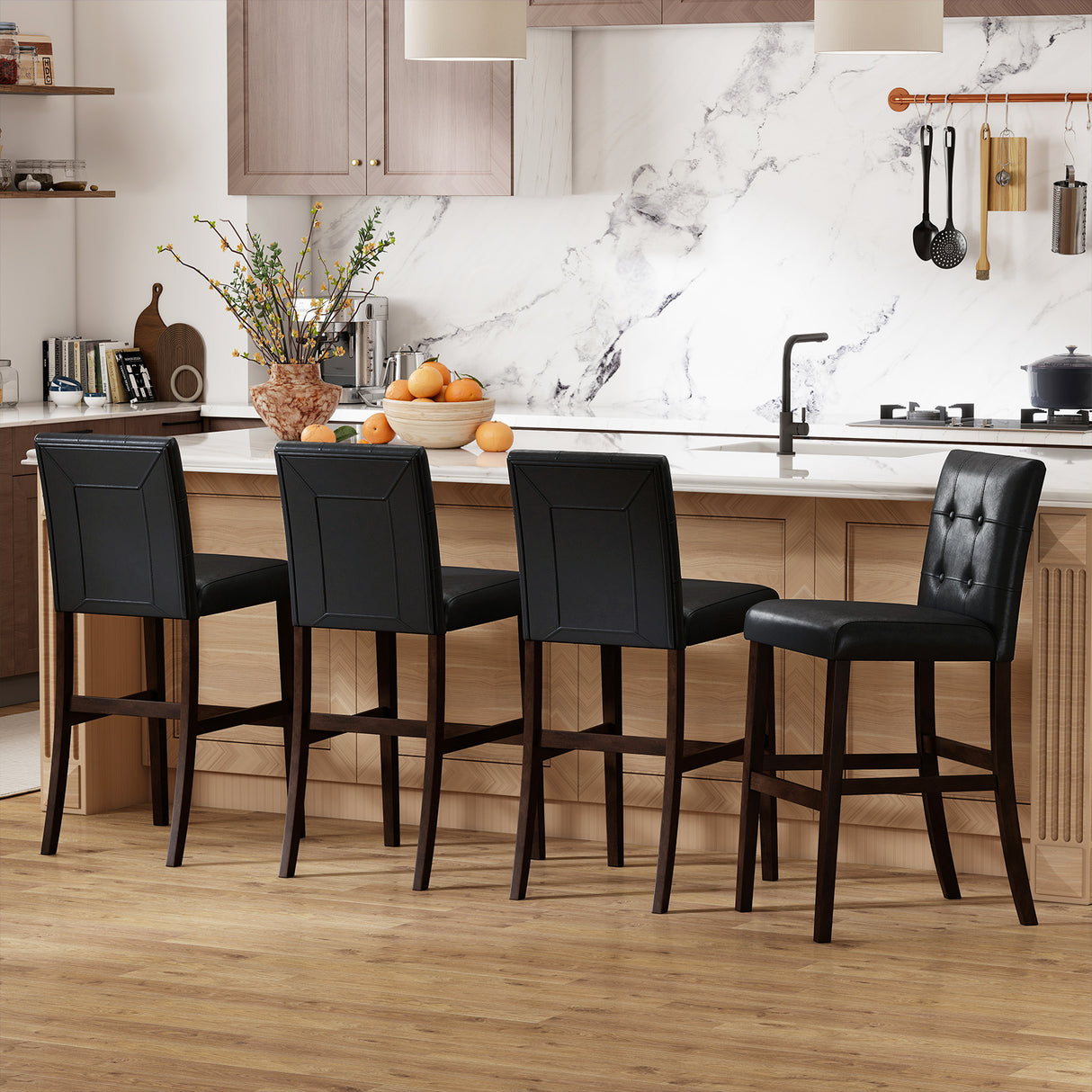 Set of 4 PVC Dining Leather Bar Stools with Solid Wood Legs-24 icnh