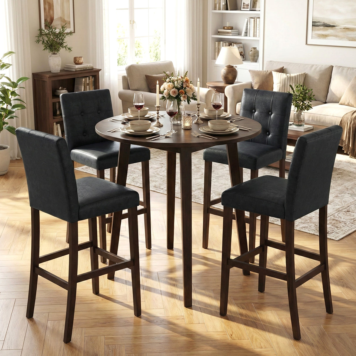 Set of 4 PVC Dining Leather Bar Stools with Solid Wood Legs-29 inch