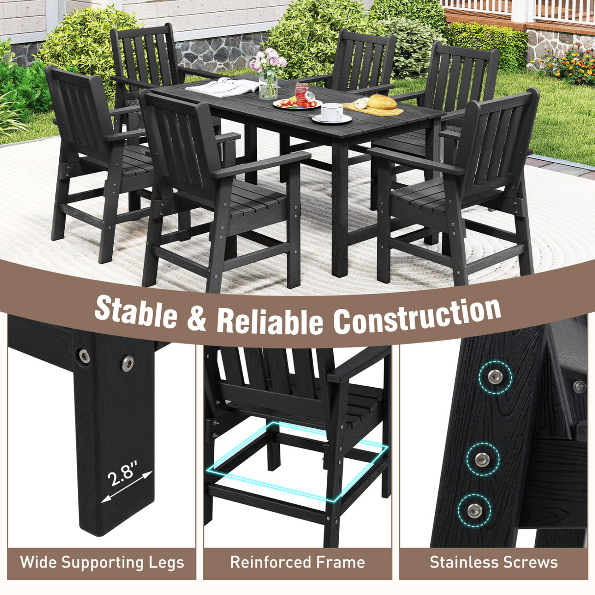 Set of 4 Patio Dining Chairs with Wide Armrests-Black