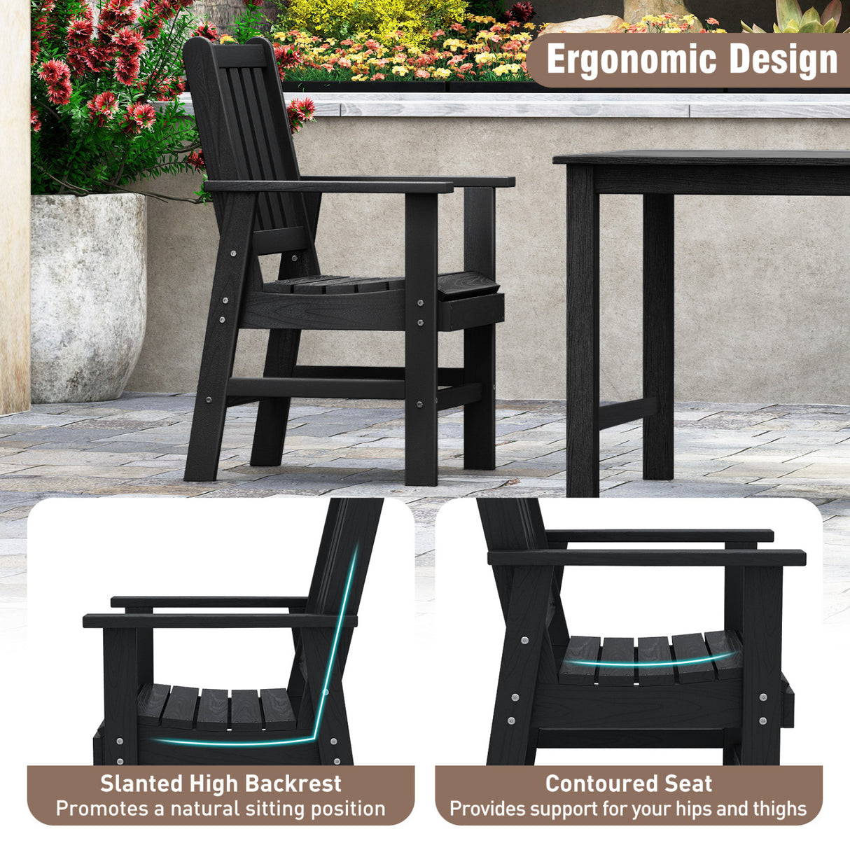Set of 4 Patio Dining Chairs with Wide Armrests-Black