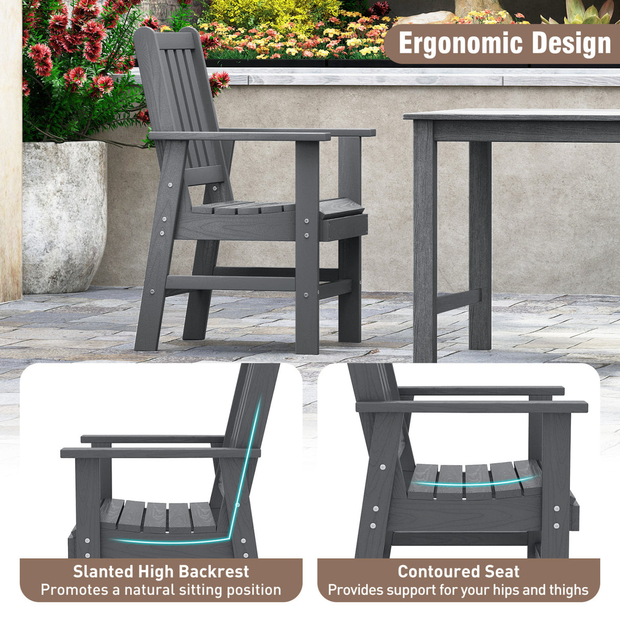 Set of 4 Patio Dining Chairs with Wide Armrests-Gray