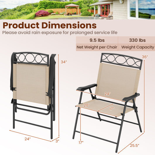 Set of 4 Patio Folding Chairs Set Dining Chairs with Armrests-Beige